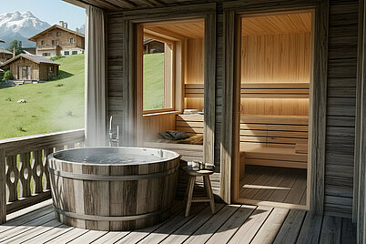 Privater Spa-Bereich im Luxus-Chalet mit heißem Holzbottich, Fellliege und weitem Blick über das Chaletdorf und die sanften Alpenlandschaften.