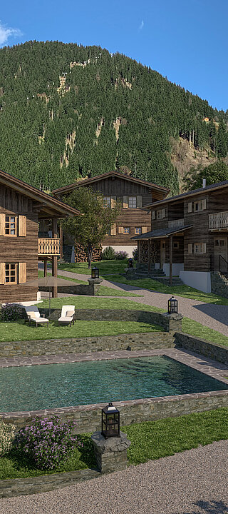 Innenhof mit Pool im luxus Chaletdorf Vermala Gut in Vorarlberg, Montafon