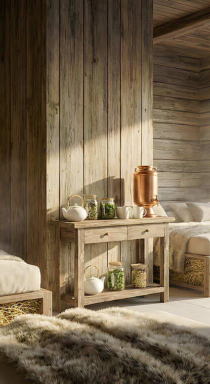 Gemütliche Liegen im Ruheraum des Bergquellenbad im Vermalagut - das Chaletdorf Vorarlbergs. Wellness und entspannte Auszeit in den Vorarlberger Alpen.